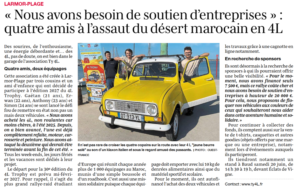 Ty 4L dans Ouest-France : notre aventure 4L Trophy 2027 mise à l’honneur